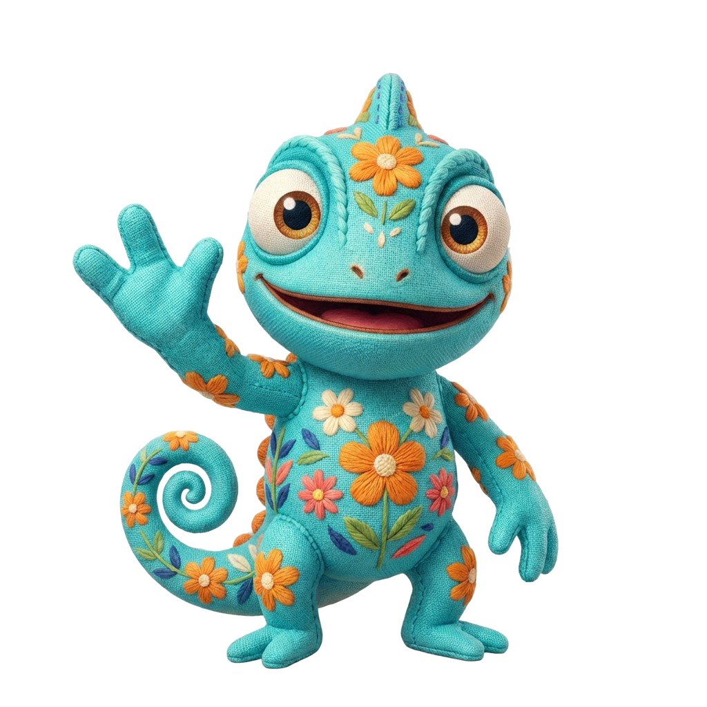 KidsCraft chameleon mascot waving hello